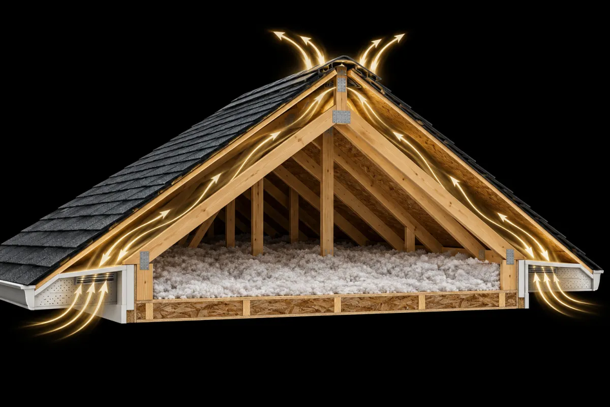 Illustration of attic airflow from soffit vents to a ridge vent above attic insulation