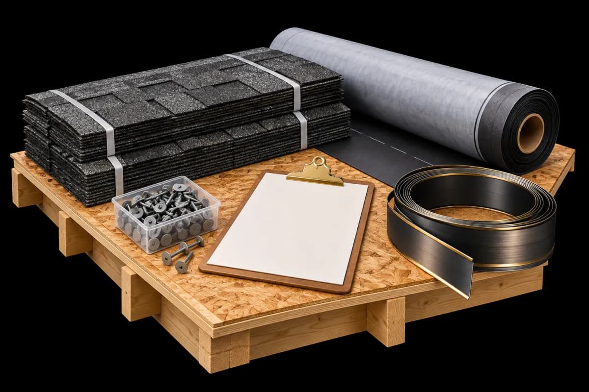 Illustration of bundled shingles, underlayment, drip edge, and a clipboard on roof decking
