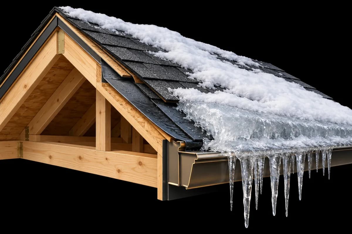 Illustration of a snow-covered roof with an ice dam and icicles along the gutter