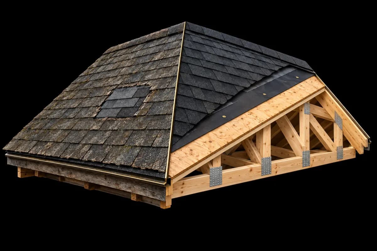 Illustration of a roof with a patched repair on one side and a new roof assembly on the other