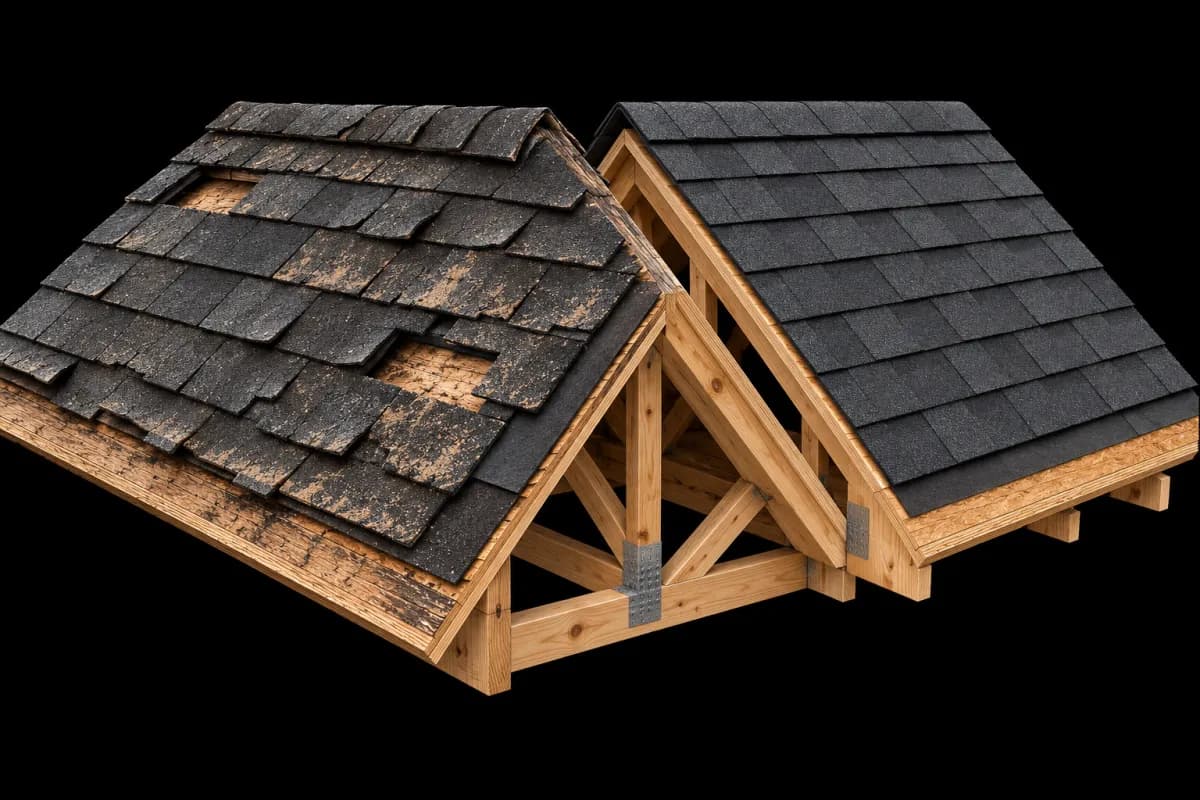 Illustration comparing a worn shingle roof with missing shingles to a new shingle roof