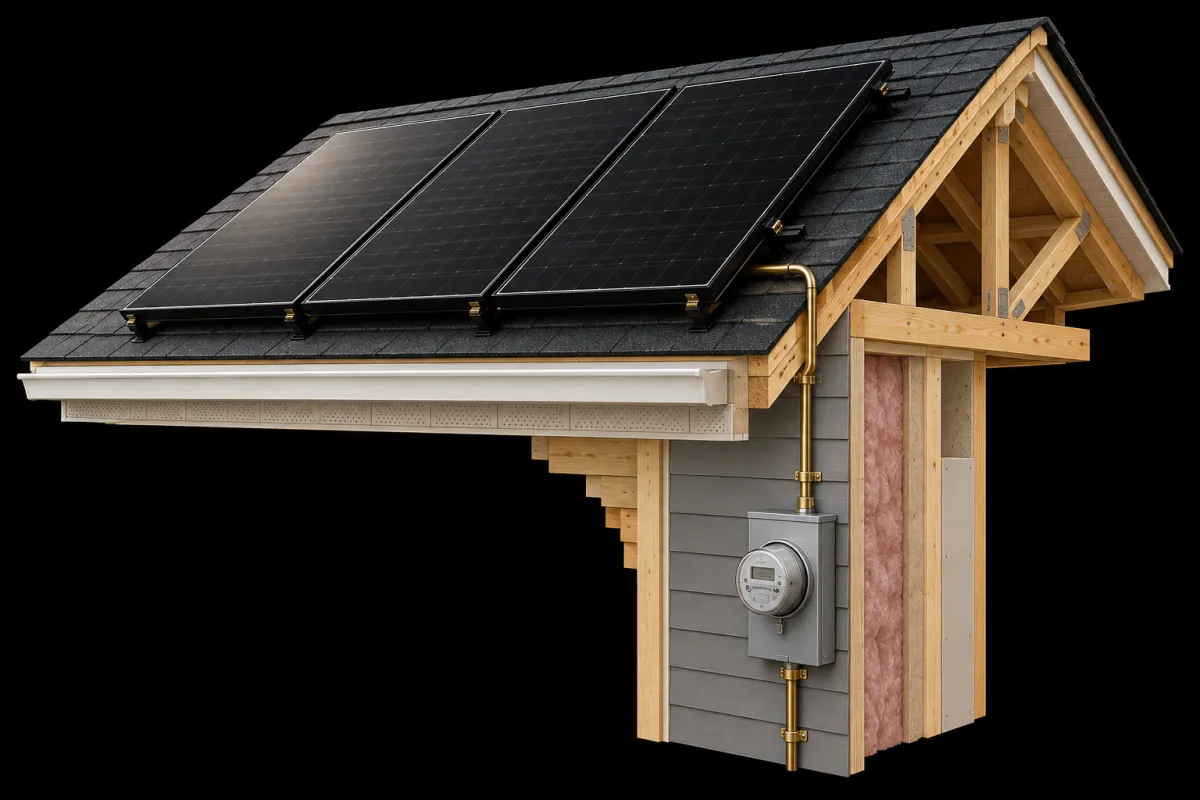 Illustration of rooftop solar panels connected to a home electric meter